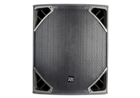 Black subwoofer speaker with heavy-duty front grille for deep bass sound reinforcement