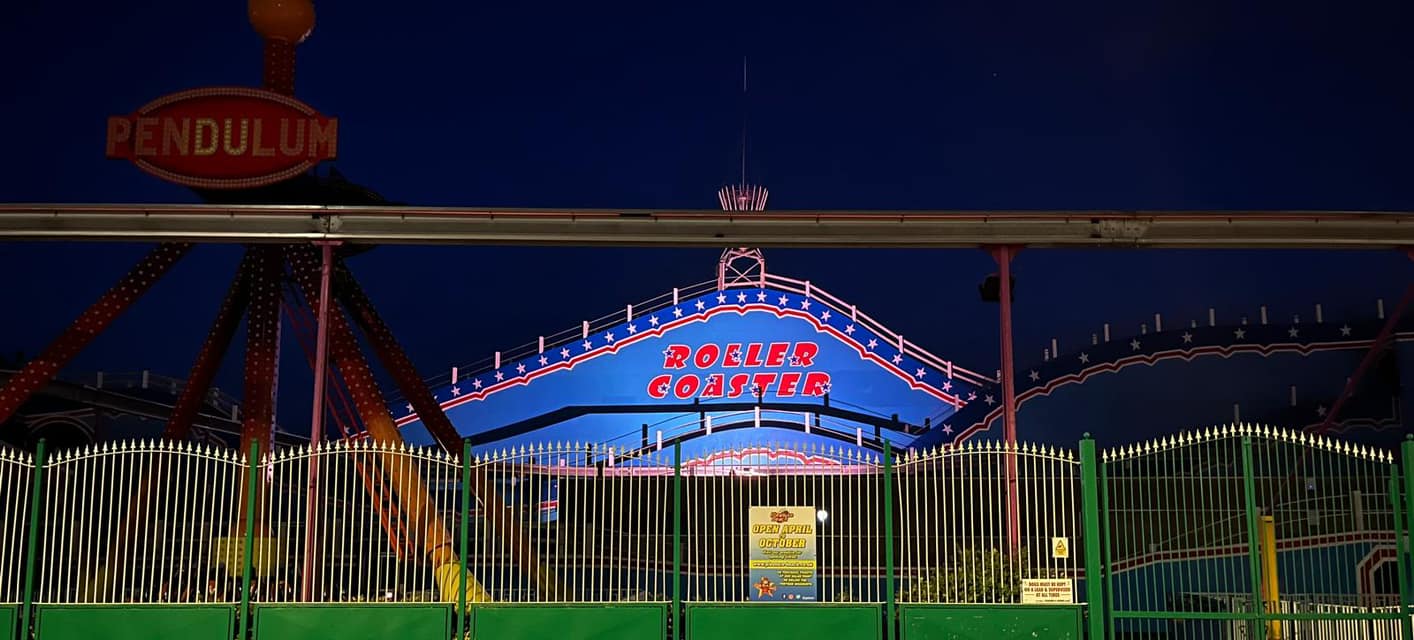 Great Yarmouth Pleasure Beach - Stage Concepts Portfolio - Rollercoaster lit up by wash light at night